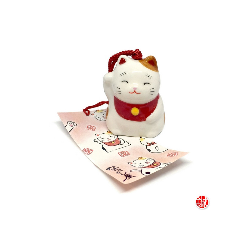 Carillon à vent japonais, fuurin en porcelaine Maneki neko (h5.5cm)