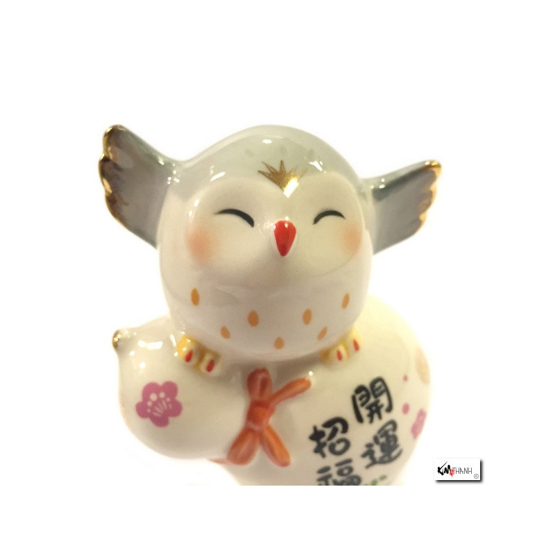 Chouette FUKURO en porcelaine japonaise BONhEUR et SANTé (h8.5cm)