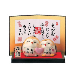 Couple chouettes FUKURO en porcelaine japonaise COEUR (h5cm)