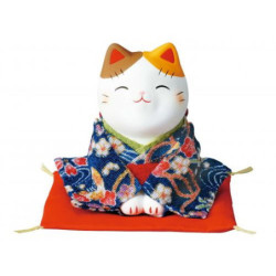 Maneki neko assis KiMONO bleu SALUTATiON en argile blanche (h7cm)