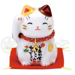 Maneki neko BONhEUR miké (tacheté) en porcelaine japonaise (h6cm)