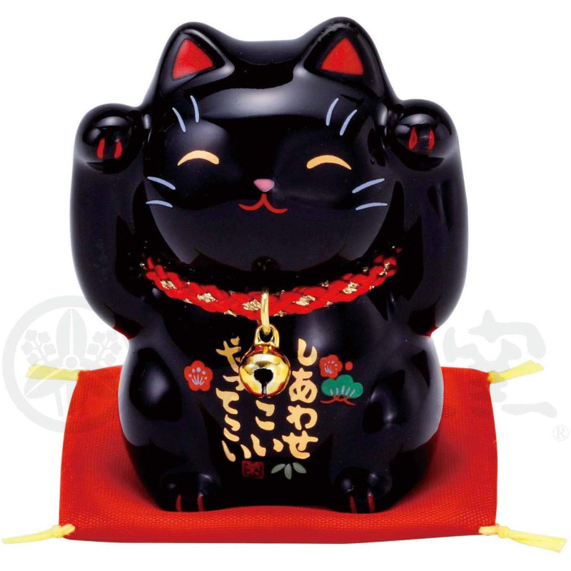 Maneki neko BONhEUR noir en porcelaine japonaise (h6cm)