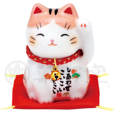 Maneki neko BONhEUR tigré brun en porcelaine japonaise (h6cm)