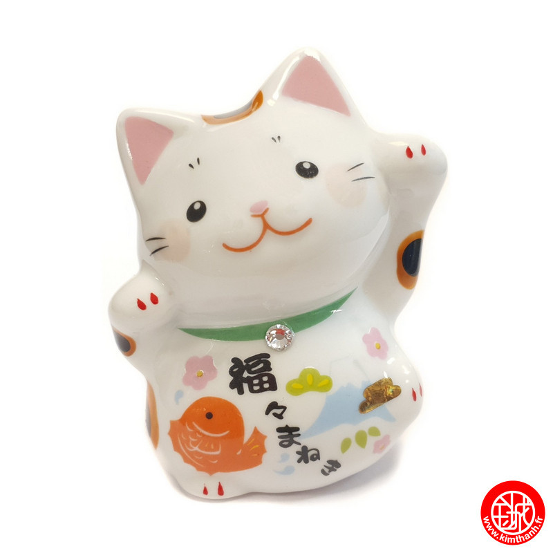 Maneki neko cristal BONhEUR et RiChESSE en porcelaine japonaise (h6.5cm)