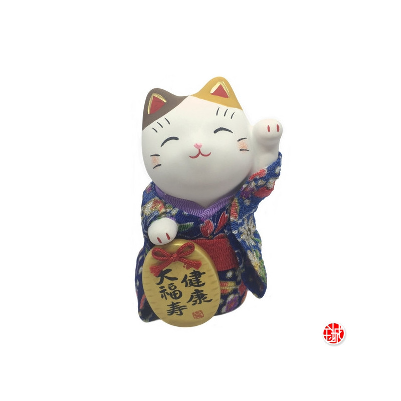 Maneki neko KiMONO bleu en argile blanche (h10cm)