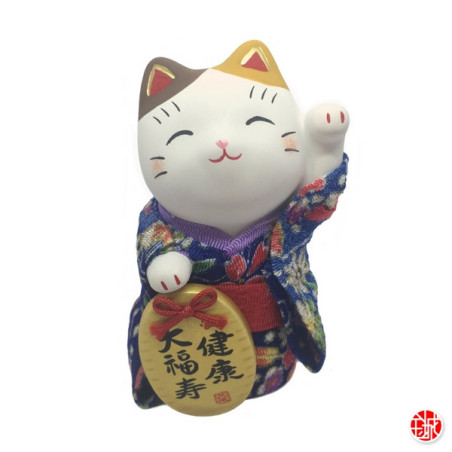Maneki neko KiMONO bleu en argile blanche (h10cm)