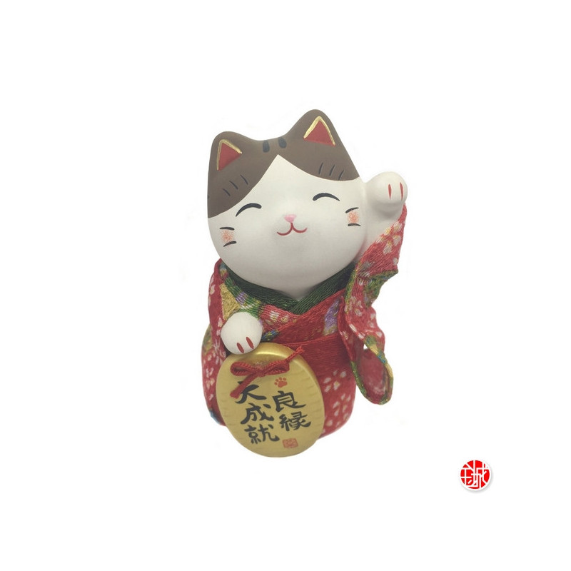 Maneki neko KiMONO rouge en argile blanche (h10cm)