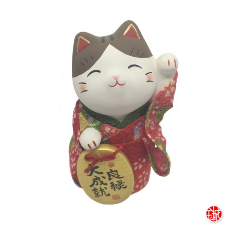 Maneki neko KiMONO rouge en argile blanche (h10cm)