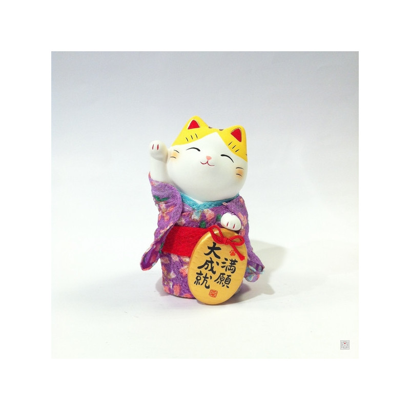 Maneki neko KiMONO violet en argile blanche (h10cm)