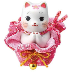 Maneki neko PRièRE dans une POChETTE SAKURA en porcelaine japonaise h6.5cm
