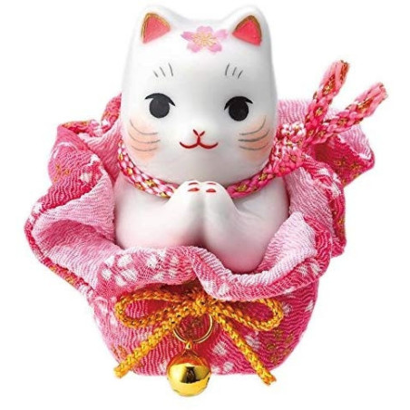 Maneki neko PRièRE dans une POChETTE SAKURA en porcelaine japonaise h6.5cm