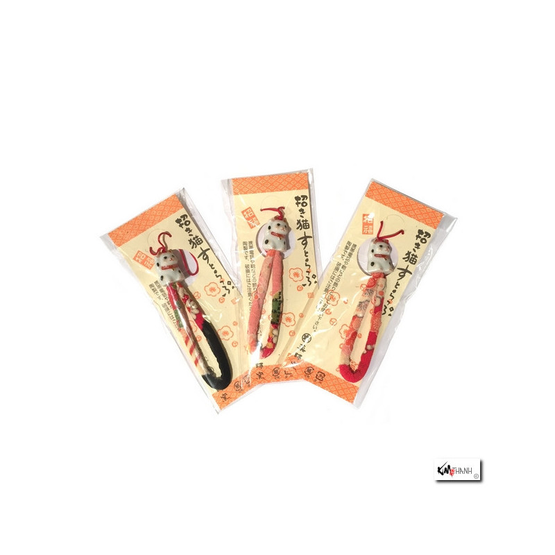 Strap chirimen Maneki neko en porcelaine