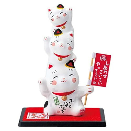 Totem 3 chats Maneki neko Bonne Chance! en argile (h10cm)