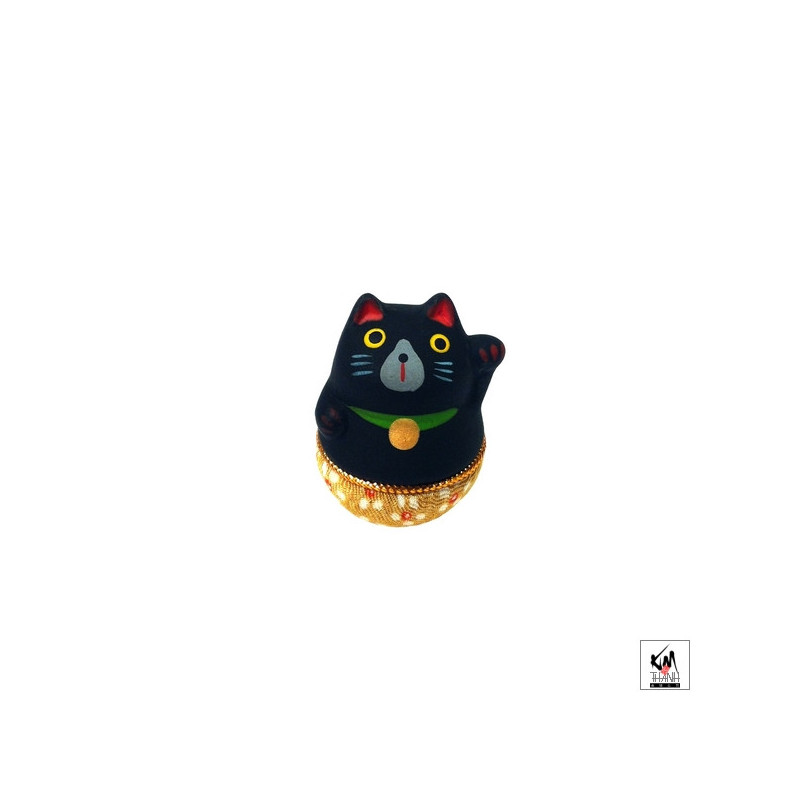 Culbuto Yurayura céramique et tissus japonais chirimen beige Chat MANEKi NEKO kero noir (h3.5cm)