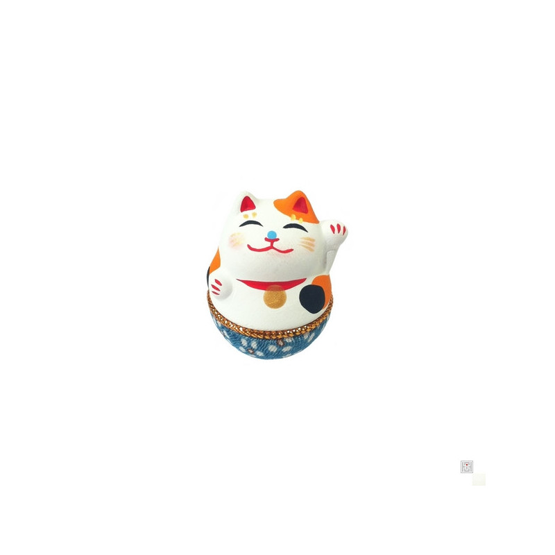 Culbuto Yurayura céramique et tissus japonais chirimen bleu Chat MANEKi NEKO calico (h3.5cm)