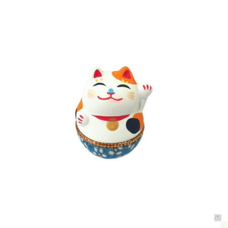 Culbuto Yurayura céramique et tissus japonais chirimen bleu Chat MANEKi NEKO calico (h3.5cm)