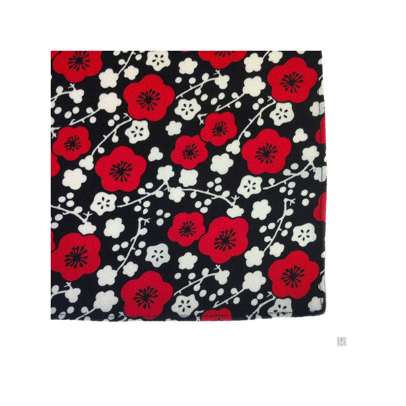 Furoshiki noir FLEURS de PRUNiER rouge en chirimen (100x100cm)