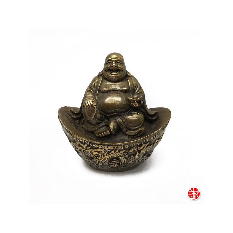 Bouddha de la prospérité Hotei assis sur lingot Dragon et Phoenix en bronze (h10cm)
