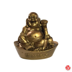 Bouddha de la prospérité Hotei avec ru-yi (Réussite) sur lingot en résine doré (h7.5cm)