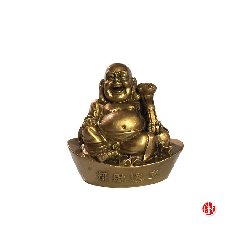 Bouddha de la prospérité Hotei avec ru-yi (Réussite) sur lingot en résine doré (h7.5cm)