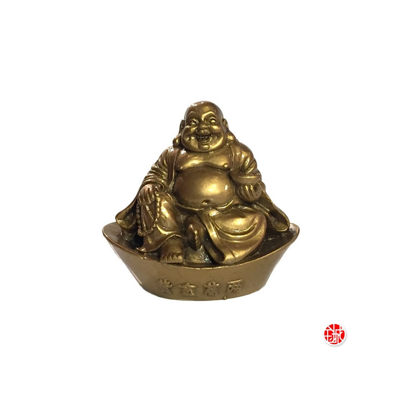 Bouddha de la prospérité Hotei sur lingot en résine doré (h7.5cm)