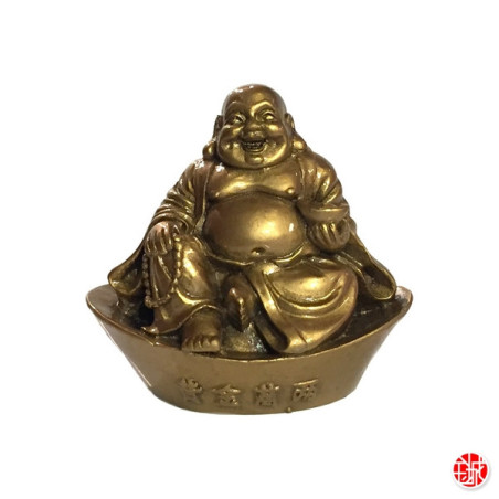 Bouddha de la prospérité Hotei sur lingot en résine doré (h7.5cm)