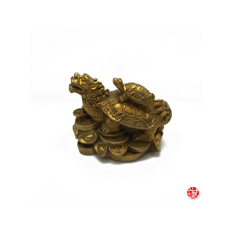 Dragon-tortue (Bìxì) sur lingots & pièces en cuivre doré (h6.5cm)