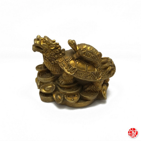 Dragon-tortue (Bìxì) sur lingots & pièces en cuivre doré (h6.5cm)