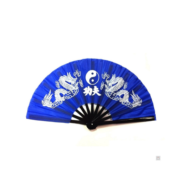 Eventail de kung-fu & tai-chi bois DOUBLE DRAGONS bleu