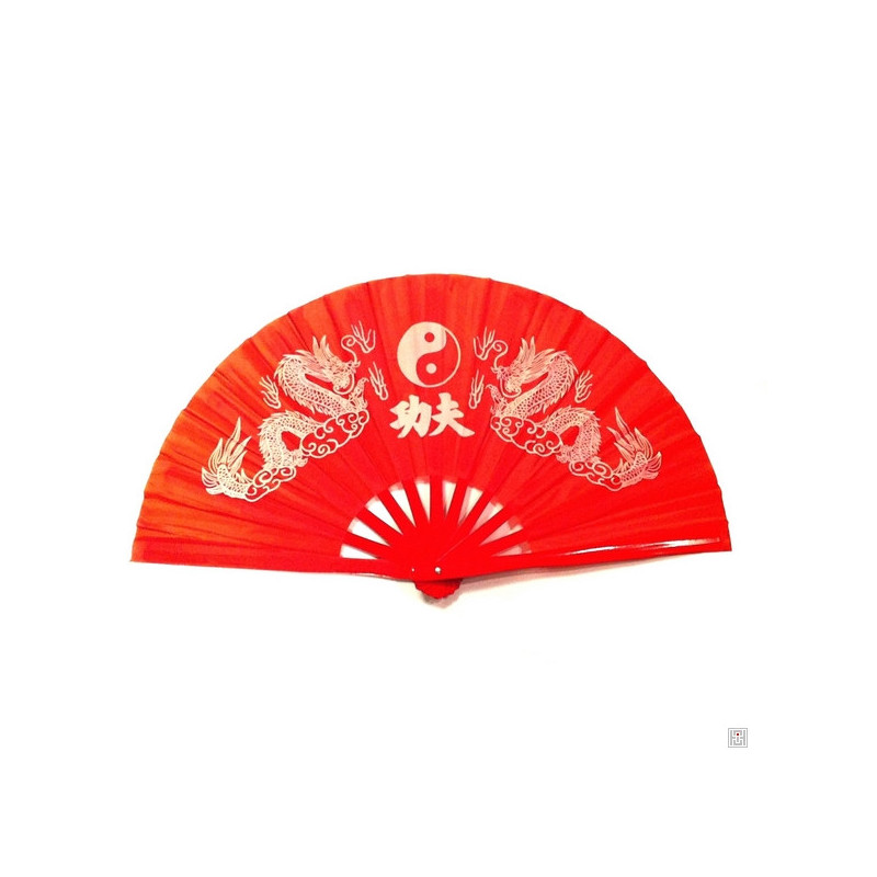 Eventail de kung-fu & tai-chi bois DOUBLE DRAGONS rouge