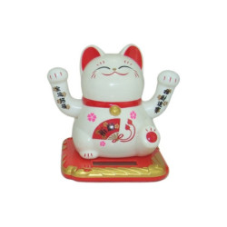 Maneki neko animé 100% solaire 2 PATTES (Bonheur et Richesse) 10cm blanc éventail