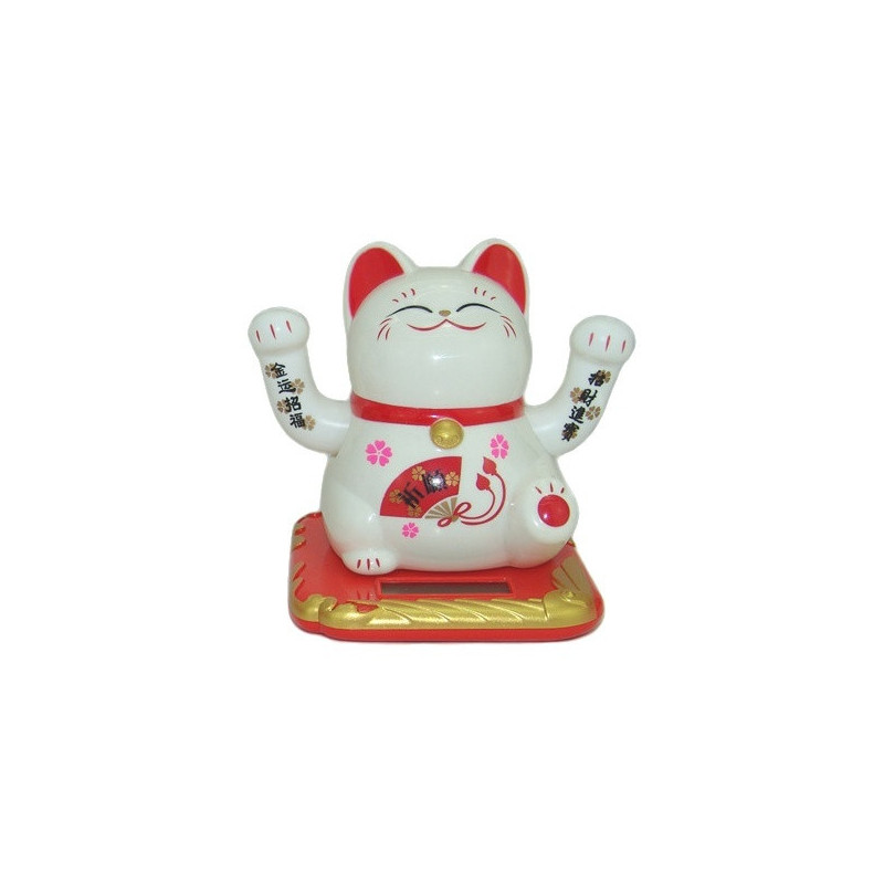 Maneki neko animé 100% solaire 2 PATTES (Bonheur et Richesse) 10cm blanc éventail