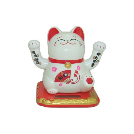 Maneki neko animé 100% solaire 2 PATTES (Bonheur et Richesse) 10cm blanc éventail