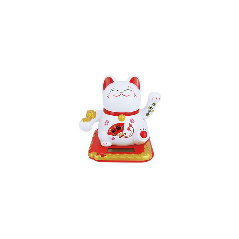 Maneki neko animé 100% solaire 2 PATTES avec Ruyi (Bonheur et Réussite) 10cm blanc éventail