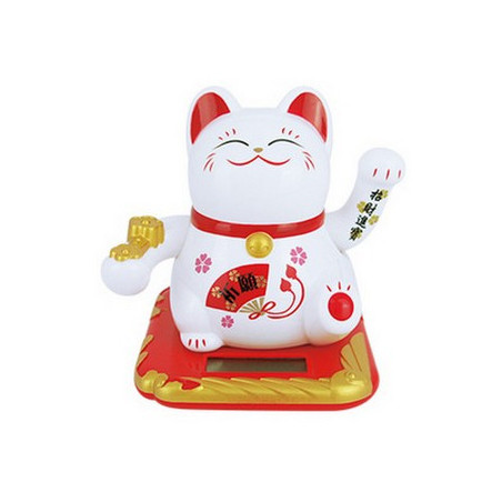 Maneki neko animé 100% solaire 2 PATTES avec Ruyi (Bonheur et Réussite) 10cm blanc éventail