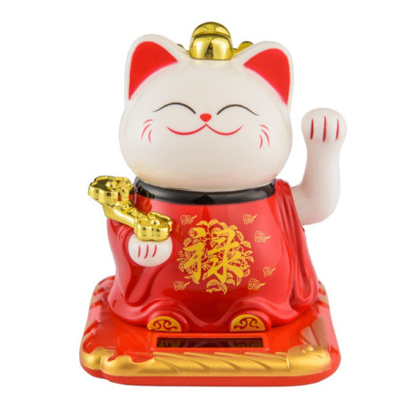 Maneki neko animé 100% solaire rouge avec RUYi (Bonheur et Réussite) 10cm
