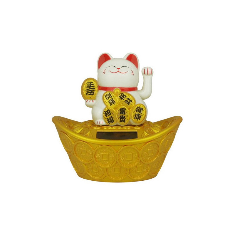 Maneki neko animé 100% solaire sur un gros lingot et pièces d'or (Bonheur et Richesse) blanc h11cm