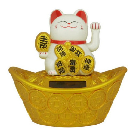 Maneki neko animé 100% solaire sur un gros lingot et pièces d'or (Bonheur et Richesse) blanc h11cm