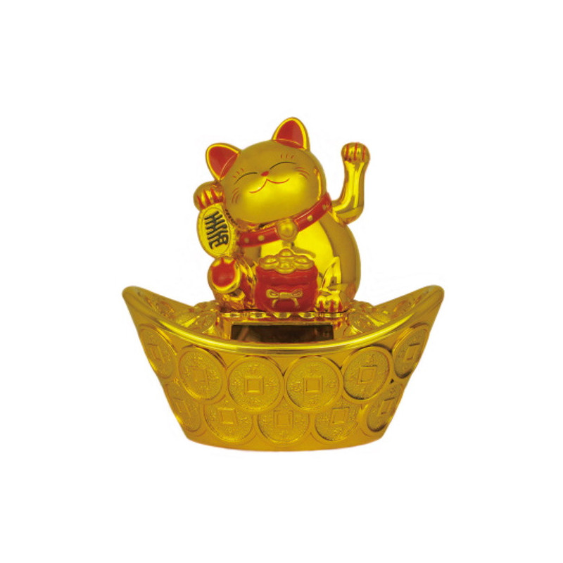 Maneki neko animé 100% solaire sur un gros lingot et pièces d'or (Bonheur et Richesse) doré h11cm