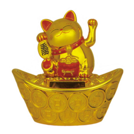 Maneki neko animé 100% solaire sur un gros lingot et pièces d'or (Bonheur et Richesse) doré h11cm