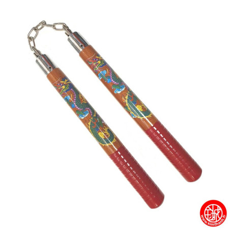 Nunchaku bois imprimé DRAGON embout rouge