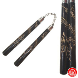 Nunchaku en bois noir grâvé DRAGON 30cm