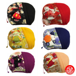 Pochette doublée Maneki neko en chirimen avec 1 compartiment zip (16x14cm)