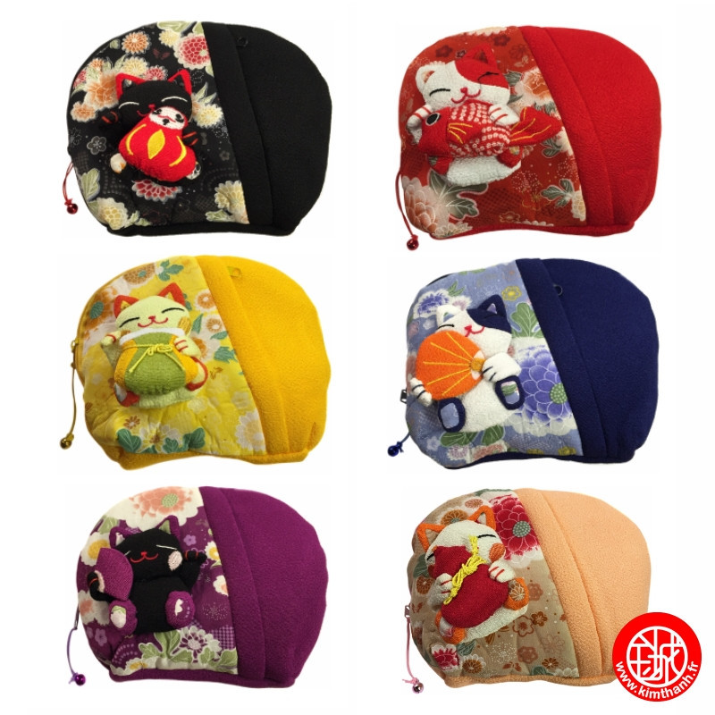 Pochette doublée Maneki neko en chirimen avec 1 compartiment zip (16x14cm)