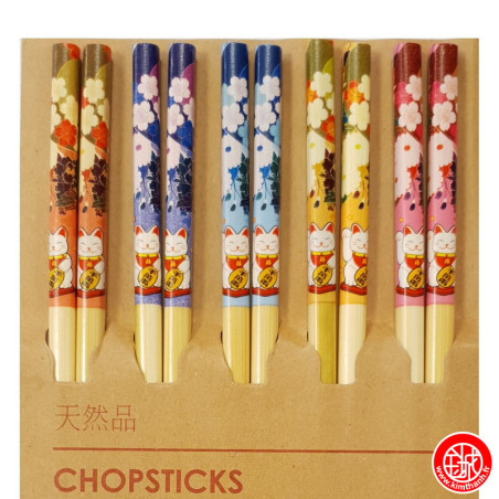 Set de 5 baguettes japonaises assorties en bambou Maneki nekos les CERiSiERS en FLEUR
