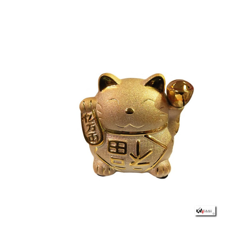Tirelire Maneki neko doré en porcelaine "BONhEUR" (h16.5cm)