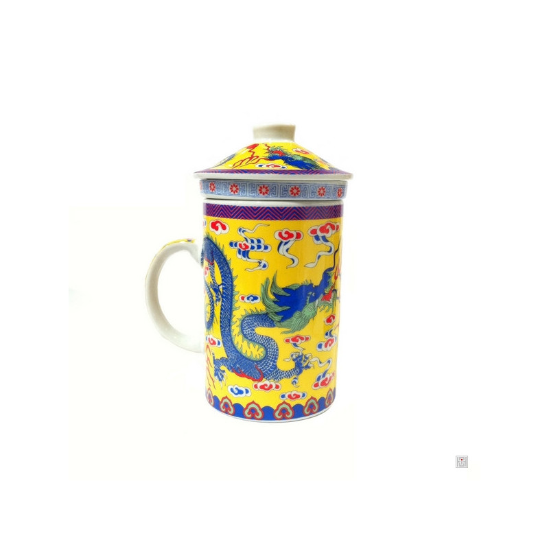 Tisanière & filtre en porcelaine DOUbLE DRAGONS jaune