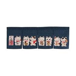 Rideau de porte japonais, Noren 7 MANEKi NEKO bleu clair 100% coton L85xh30cm