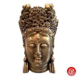 Tête de Kwan Yin, Déesse de la Miséricorde avec coiffe pivoines et lotus en cuivre (L15*h25*p15cm)