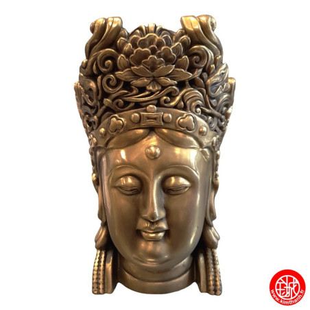 Tête de Kwan Yin, Déesse de la Miséricorde avec coiffe pivoines et lotus en cuivre (L15*h25*p15cm)